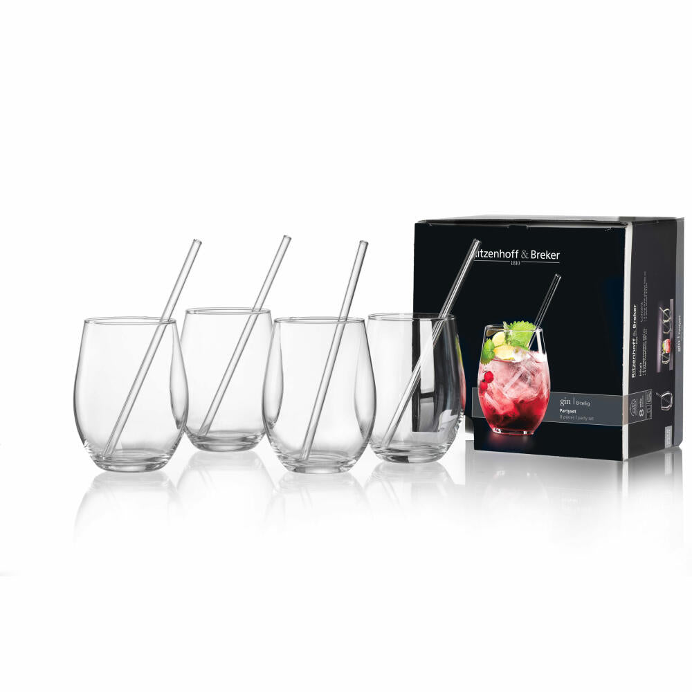 Ritzenhoff & Breker Gin Long Drink Glasses Set, 8 pcs., with drinking straw, long drink glass, drinking glass, glass, clear, 811681