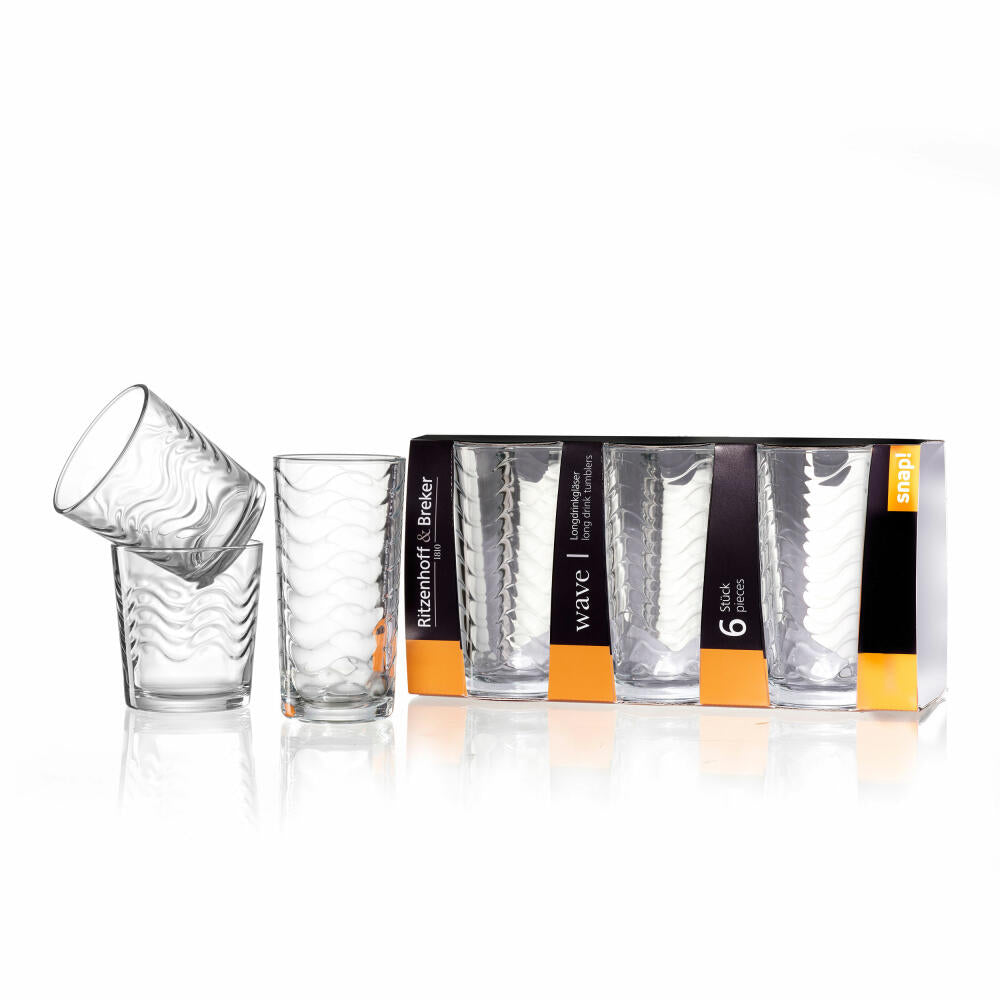 Ritzenhoff & Breker Longdrinkglass Wave, set of 6, drinking glass, juice glass, water glass, long drink, glass, clear, 250 ml, 812039