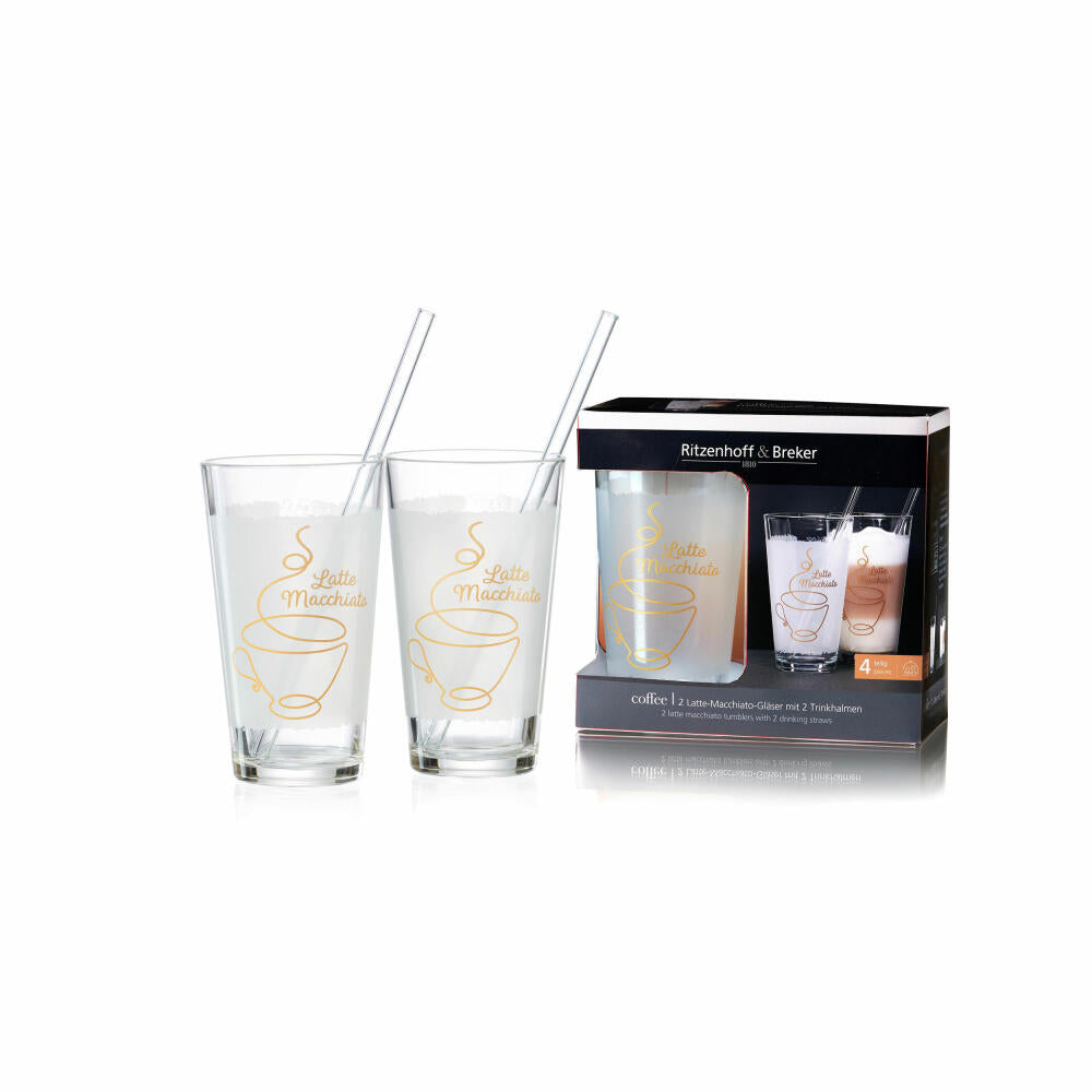 Ritzenhoff & Breker Set Latte-Macchiato Coffee, 4-piece, Latte Macchiato glasses, coffee glass, with drinking straw, glass, 350 ml, 815962