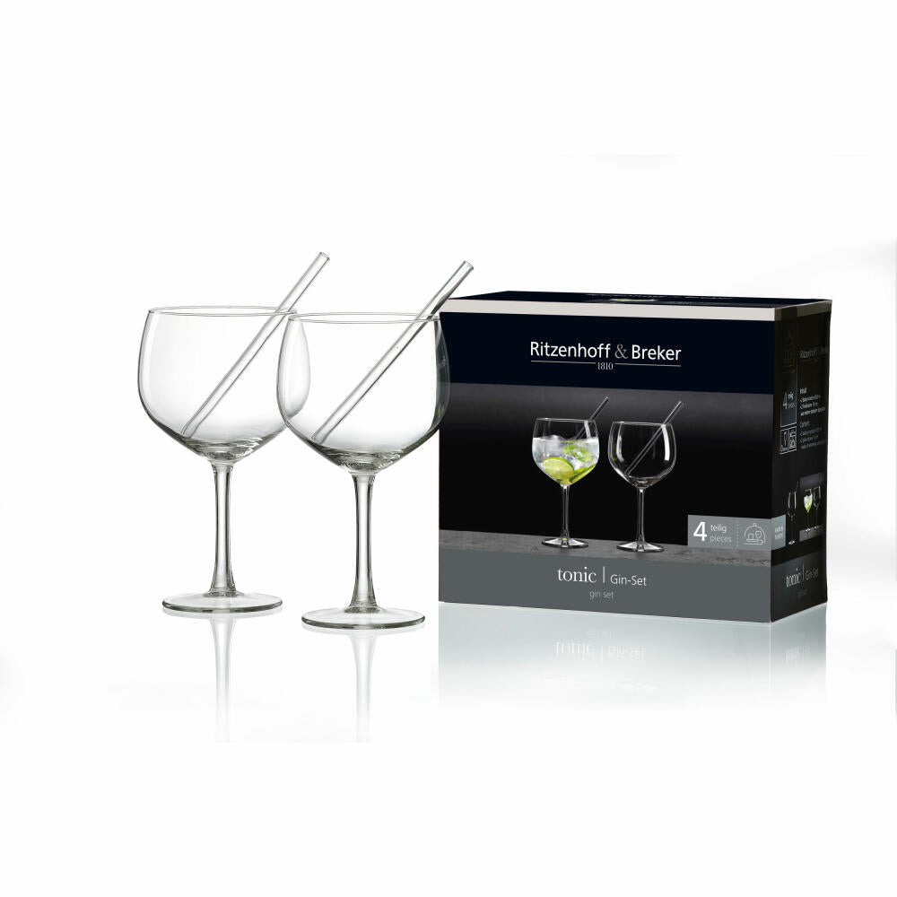 Ritzenhoff & Breker Gin Gin Glasses Set, 4-piece, with drinking straw, balloon goblet, gin glass, drinking glass, glass, clear, 650 ml, 817737