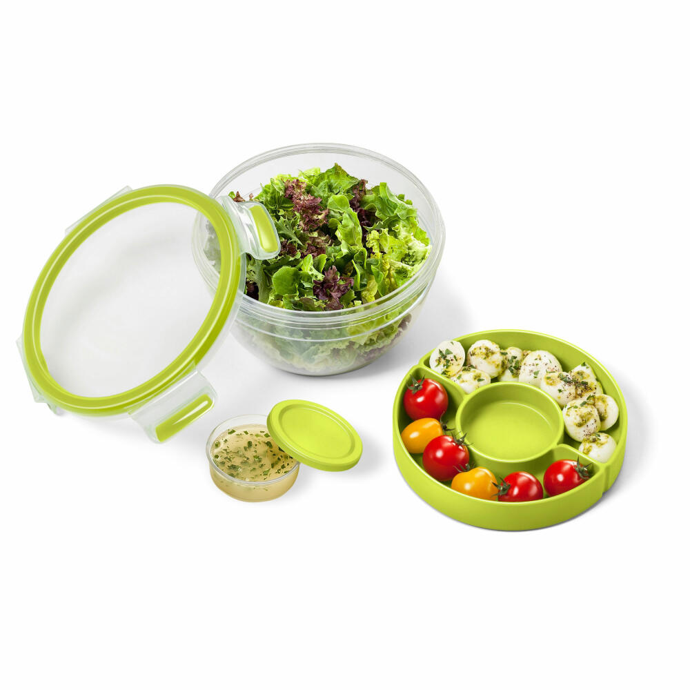 Emsa CLIP & GO Salatbox Rund mit Einsatz und Dressingbox, Lunchbox, Kunstoff, Transparent/Hellgrün, 2.6 L, N1071300