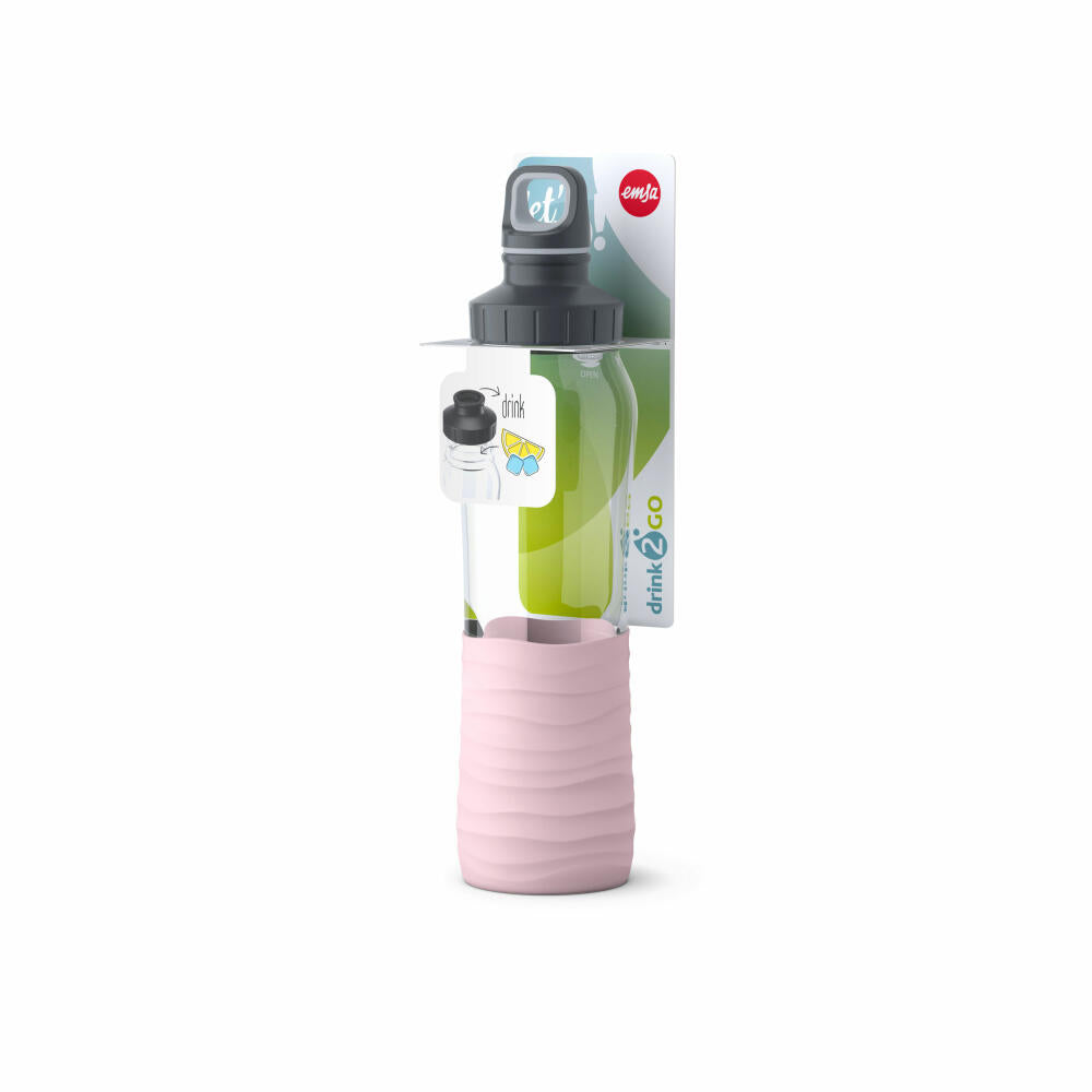 EMSA Drink2Go Glas-Trinkflasche, Wasserflasche, Flasche, Glas / Silikon, Puder-Rosa, 0.7 L, N31005