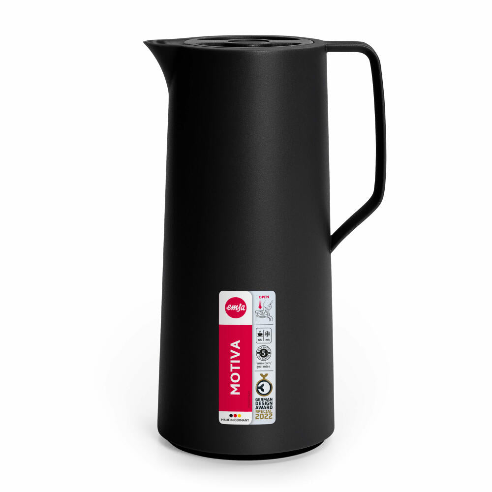 EMSA Motiva Isolierkanne, Isokanne, Kanne, Kaffeekanne, Edelstahl, Glas-Isolierkolben, Schwarz, 1 L, N41707