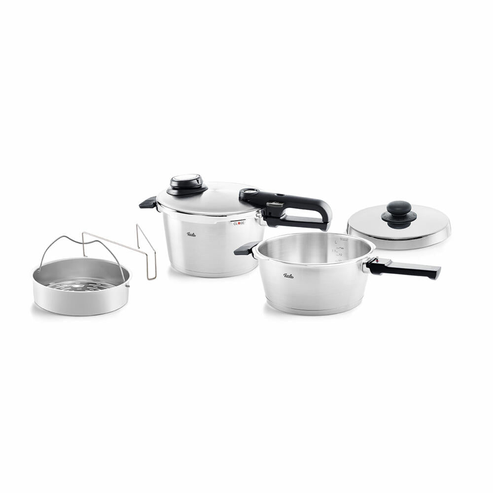 Fissler Schnellkochtopf-Set Vitavit Premium 2-tlg. mit Dämpfeinsatz und Metalldeckel, Edelstahl 18/10, Silbern, 4.5 + 3.5 L, 622-412-14-090