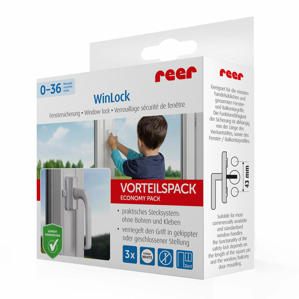 reer WinLock window lock / balcony door lock, set of 3, window lock, door lock, balcony, child safety, white, 70060