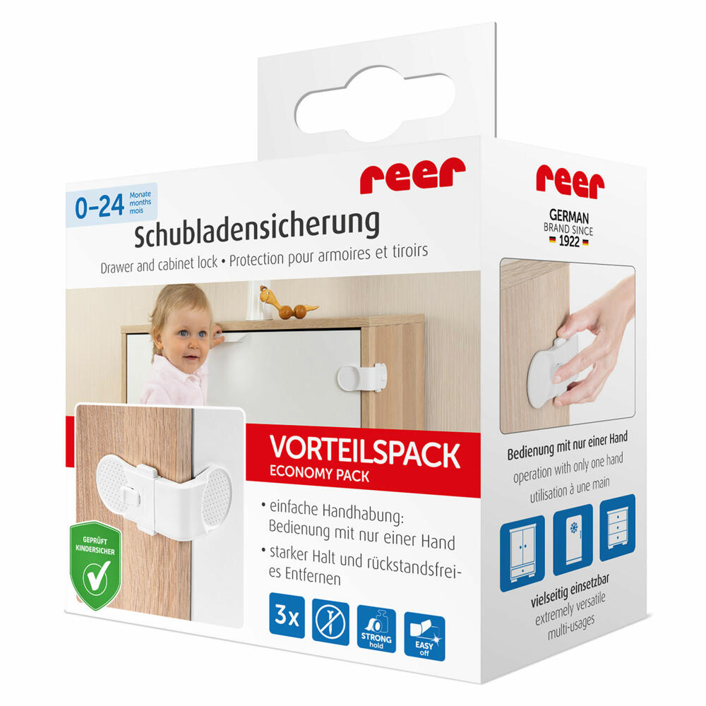 reer Vorteilspack Schrank- und Schubladensicherung, 3er Set, Klemmschutz, Kinder Sicherung, Weiß, 71080