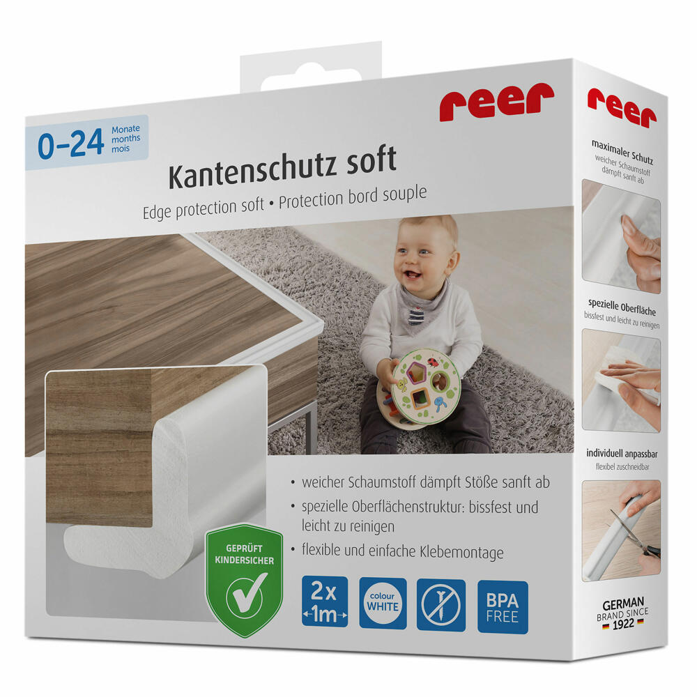 reer Kantenschutz soft, Kanten Schutz, Kinder, Sicherheit, Kindersicherung, Schaumstoff, Weiß, 82040