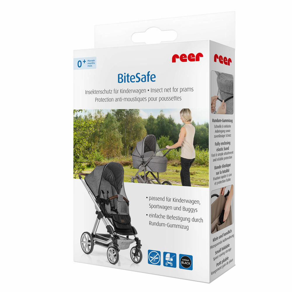 reer BiteSafe Insektenschutz für Kinderwagen, Moskitonetz, Mückennetz, Fliegennetz, Polyester, Schwarz, 87021