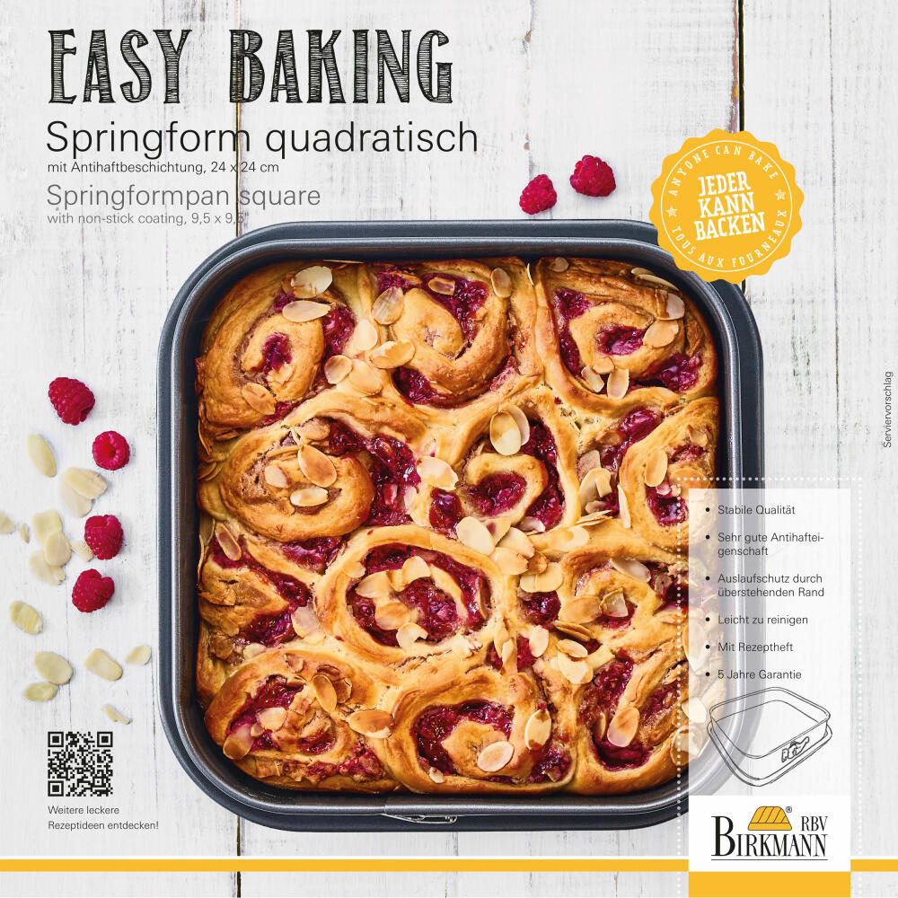 Birkmann Easy Baking Springform Pan Square, Baking Pan, Cake Pan, Cake Pan, Carbon Steel, 24 x 24 cm, 881709