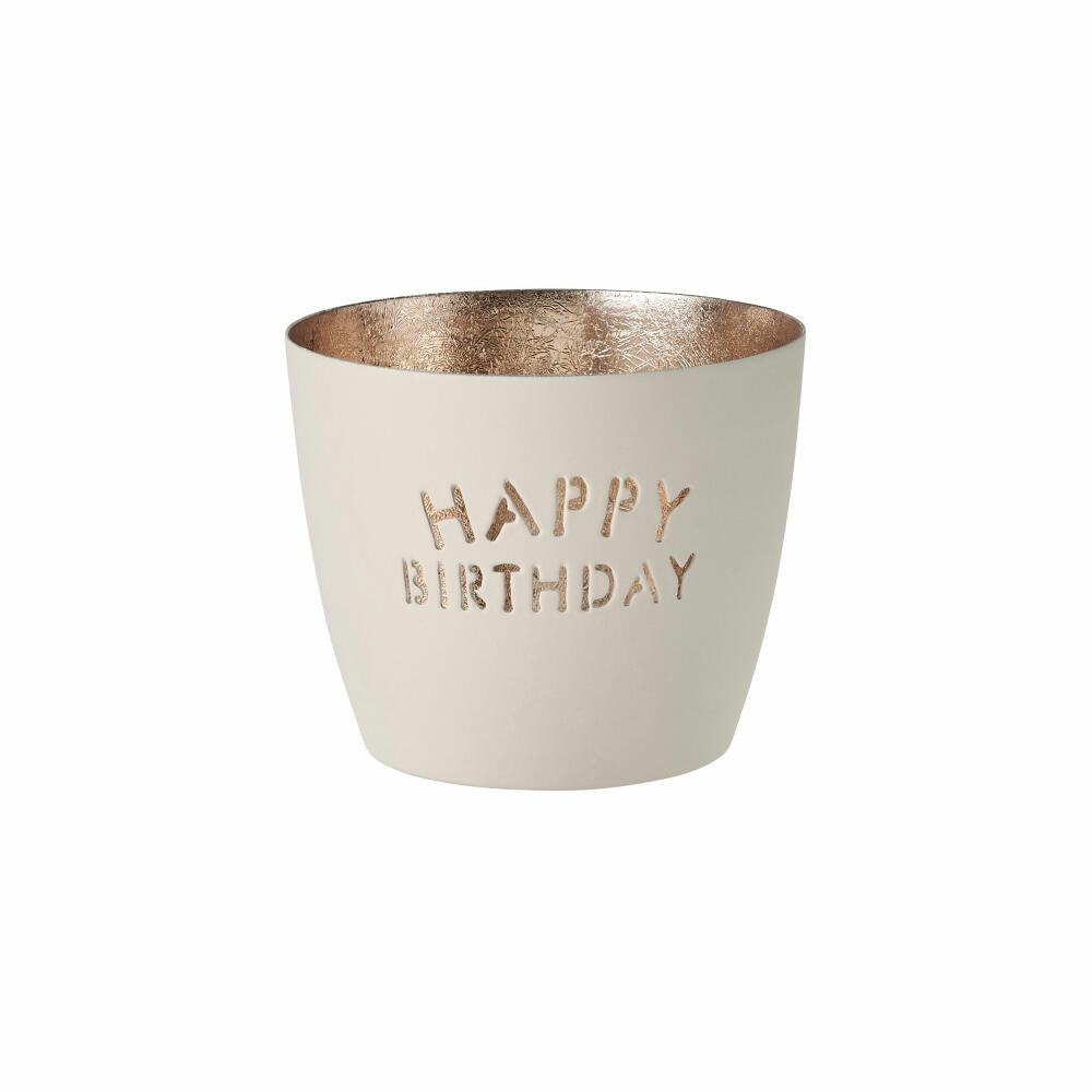 Gift Company Lantern Madras Happy Birthday M, Tealight Holder, Candle Holder, Iron, White, Gold, 8.5 cm, 1063404001