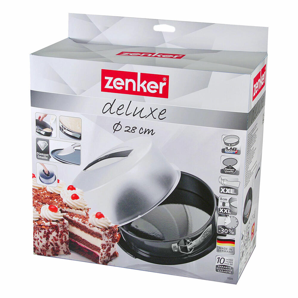 Zenker Deluxe Springform mit Emailierten Flachboden, Tragehaube, Spring Form, Backform, Kuchenform, Ilag Premium, Schwarz Metallic, Ø 28 cm, 7020