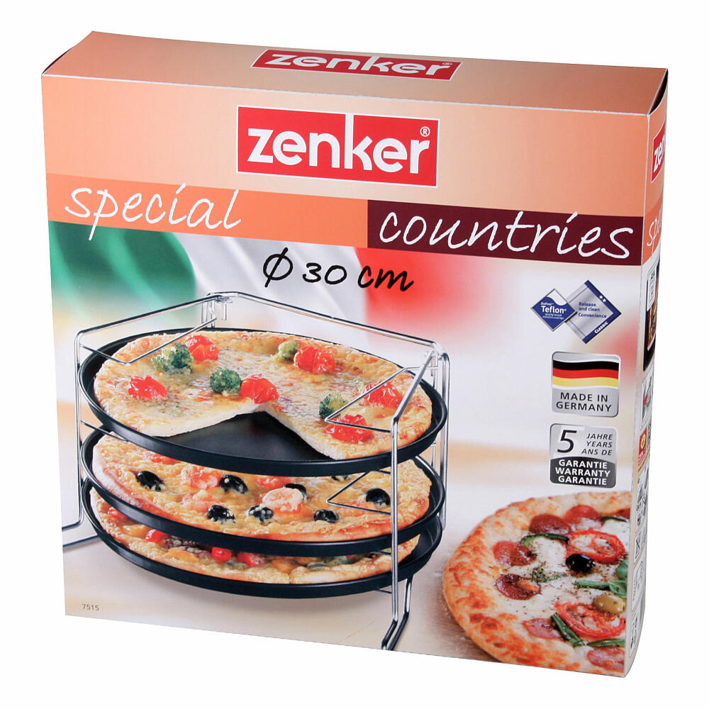 Zenker Special Countries Pizza Set, 4-piece, pizza tray, pizza tray, pizza baking tray, baking tray, Ilag Classic, black, Ø 29 cm, 7515