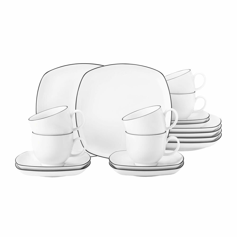 Seltmann Weiden Lido Black Line Kaffeeservice Eckig, Geschirrset, Service, Geschirr Set, Porzellan, Schwarzer Rand, 18-tlg., 1750860