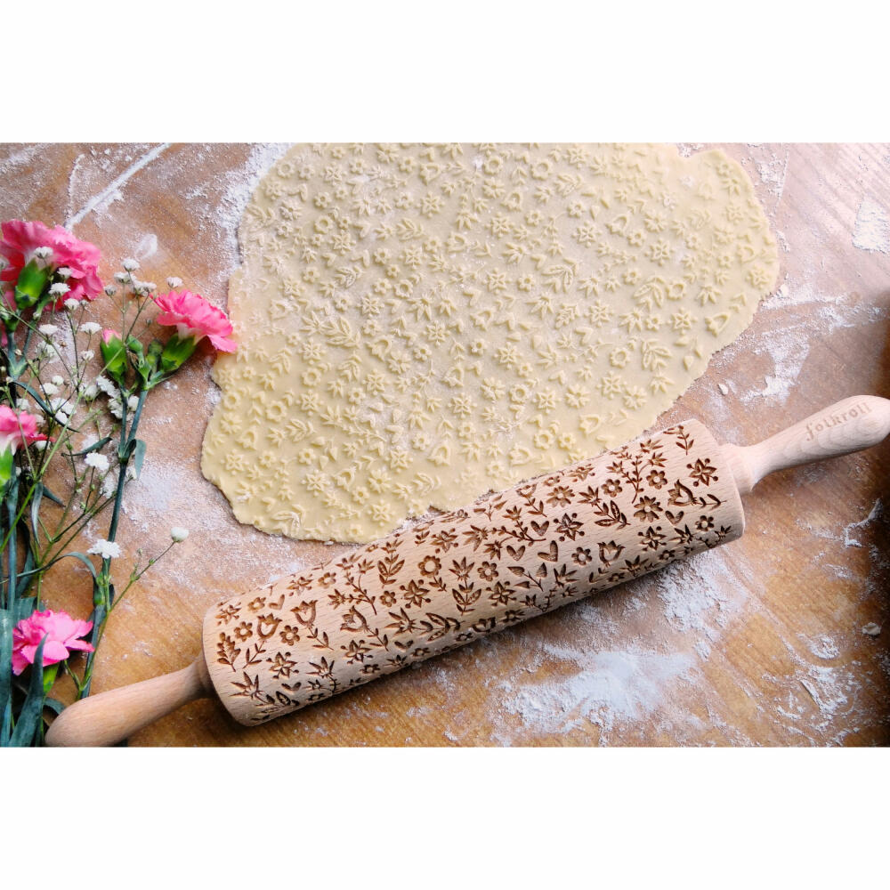 Folkroll Teigrolle Flower Power, groß, 43 cm, Nudelholz, Prägerolle, Muster, Motiv, Rolle, Buchenholz, 331149