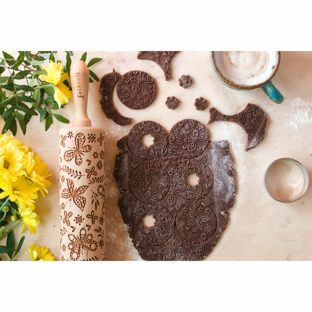 Folkroll rolling pin cats, large, 43 cm, rolling pin, embossing roller, pattern, motif, roll, beech wood, 330319