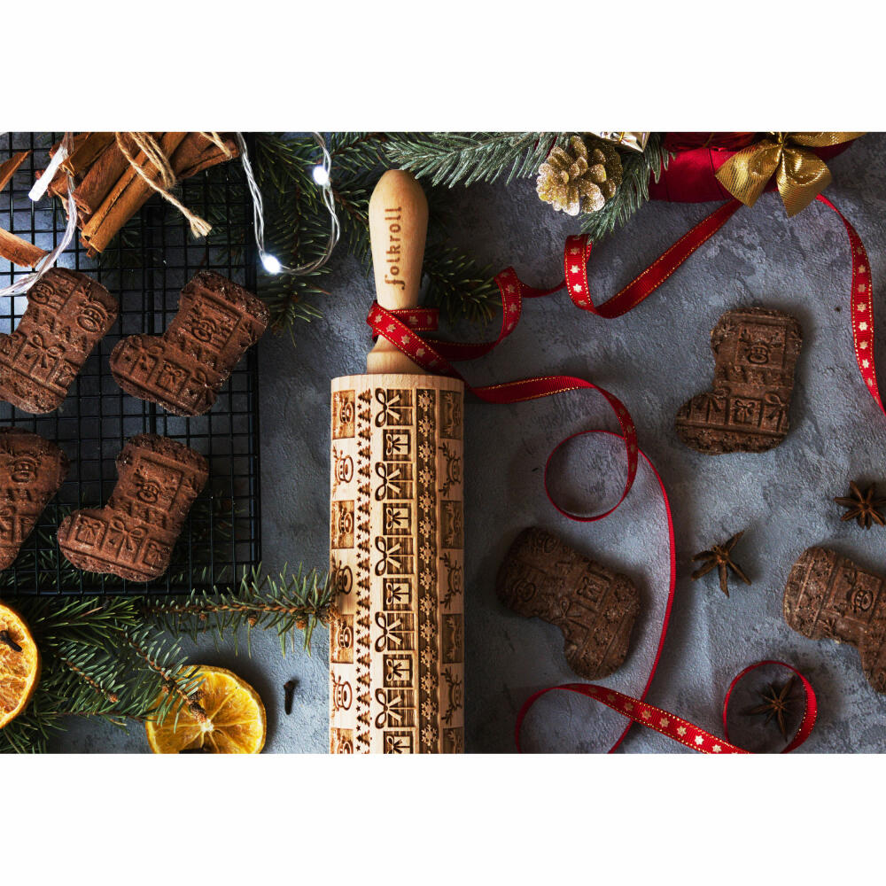 Folkroll rolling pin Christmas Joy, large, 43 cm, rolling pin, embossing roll, pattern, motif, roll, beech wood, 332726