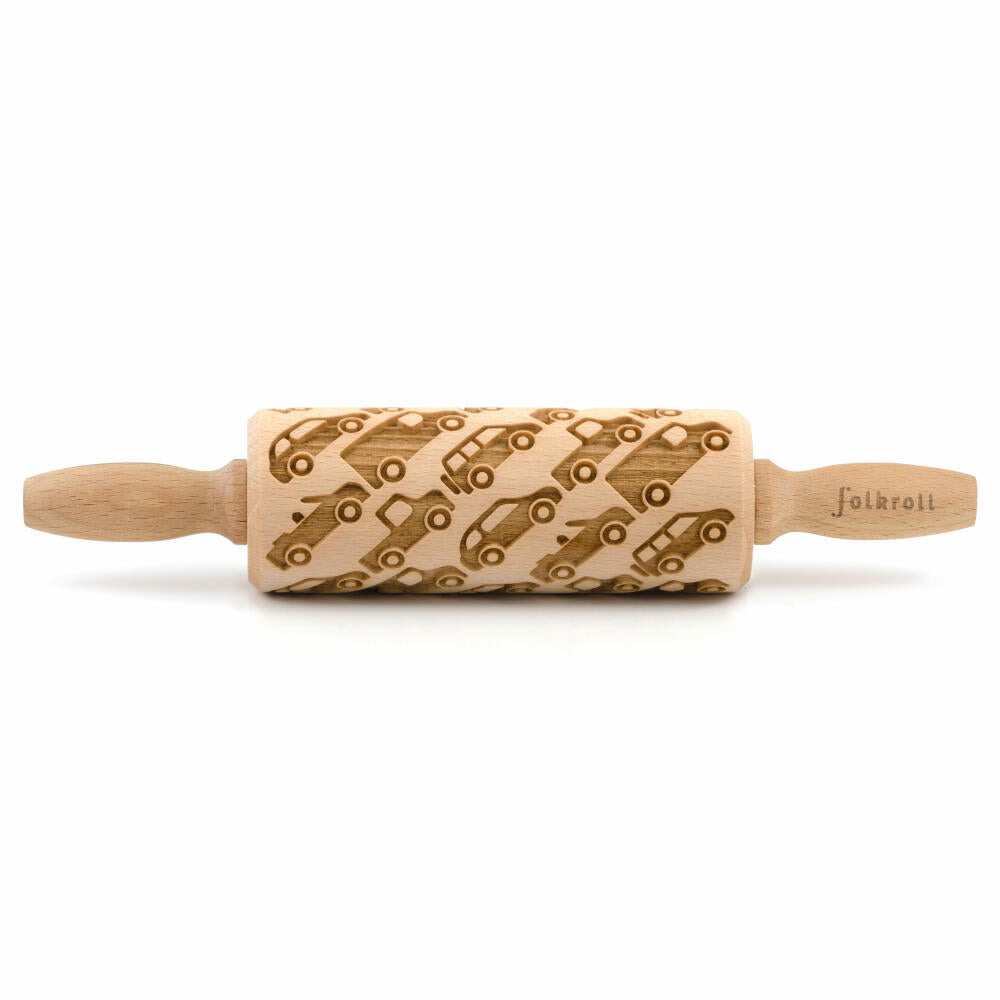 Folkroll rolling pin cars, junior, 23 cm, rolling pin, embossing roll, pattern, motif, roll, beech wood, 332825