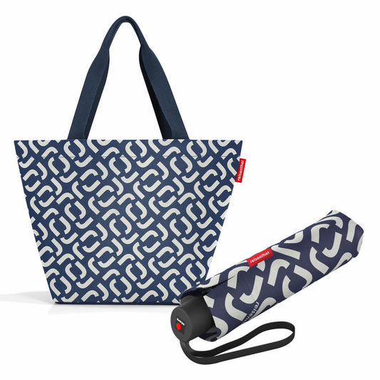 reisenthel shopper M with umbrella pocket classic set, shopping bag, umbrella, Signature Navy, 15 L, 2-pcs.