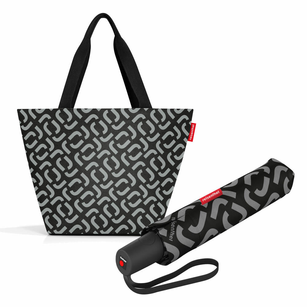 reisenthel shopper M mit umbrella pocket duomatic Set, Einkaufstasche, Regenschirm, Signature Black, 15 L, 2-tlg.