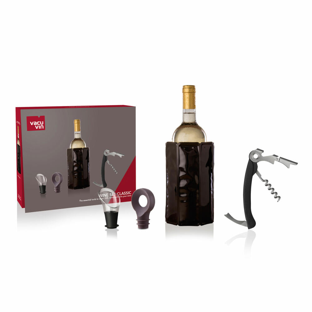 Vacu Vin Geschenkset Wein Klassik 4-tlg., Weinkühler, Kellnermesser, Ausgießer, Flaschenverschluss, Kunststoff, Edelstahl, Schwarz, Braun, 3890160