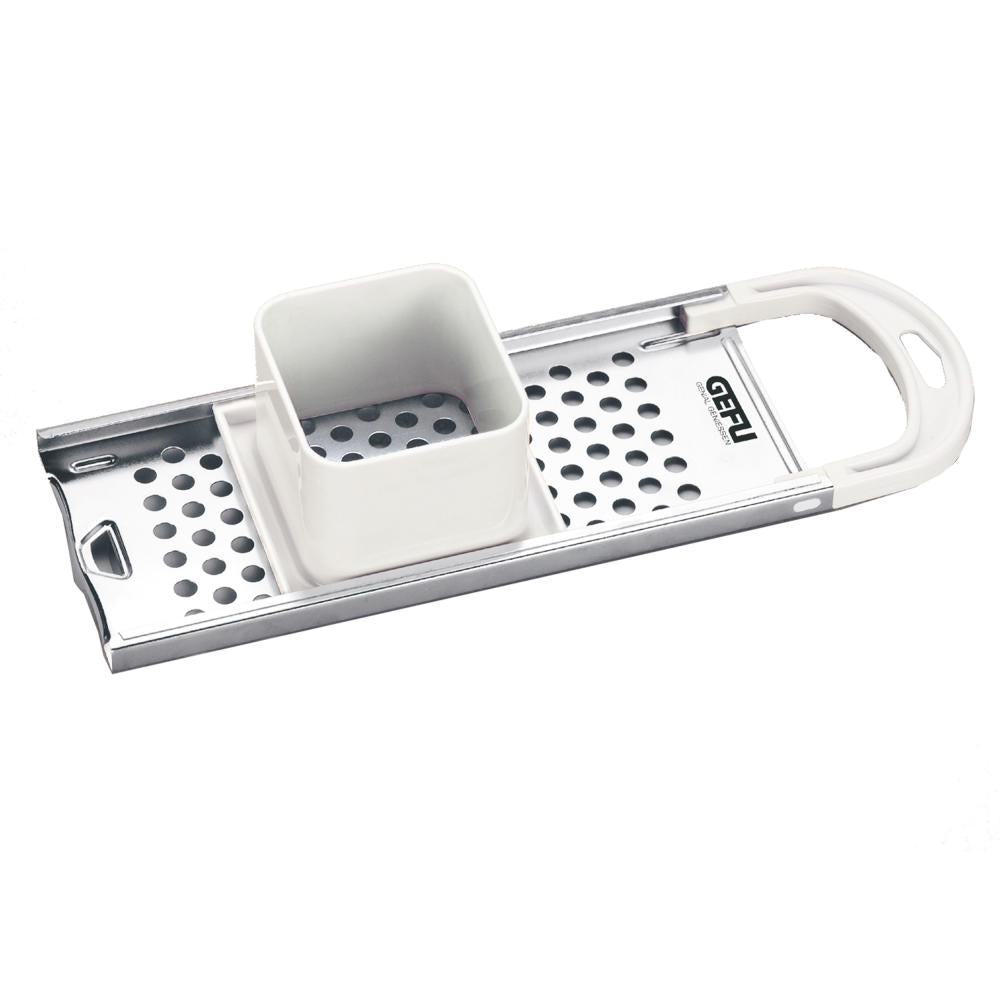 Gefu Spätzlehobel für kurze Spätzle, Spätzlebereiter, Spätzlereibe mit Kunststoffschieber, Edelstahl, 10950