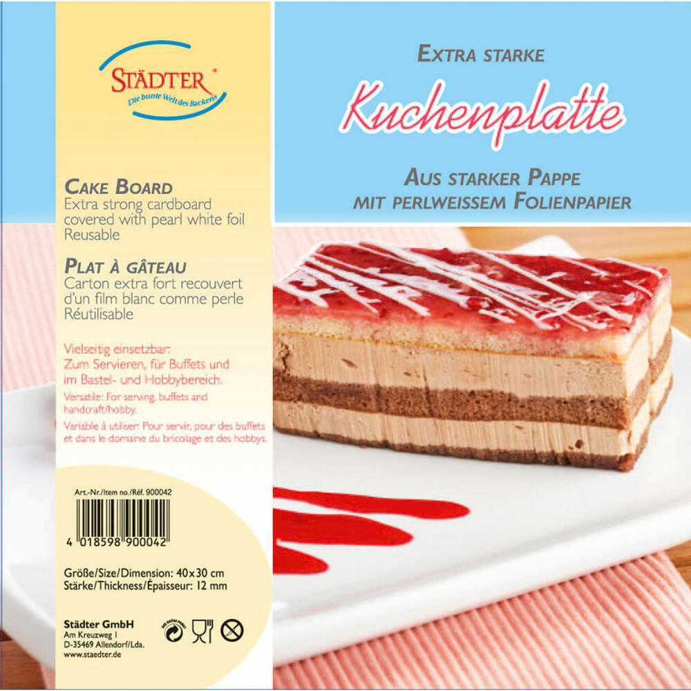 Städter Kuchenplatte Rechteck, Extra Stark, Tortenplatte, Kuchenteller, Kuchen Platte, Pappe, 40 x 30 cm, 900042