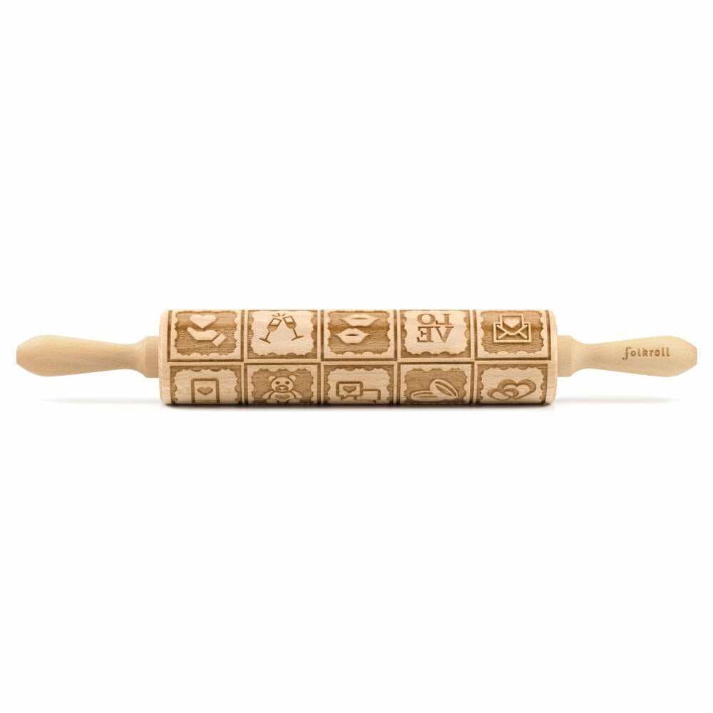Folkroll Teigrolle Love Message, groß, 43 cm, Nudelholz, Prägerolle, Muster, Motiv, Rolle, Buchenholz, 334072