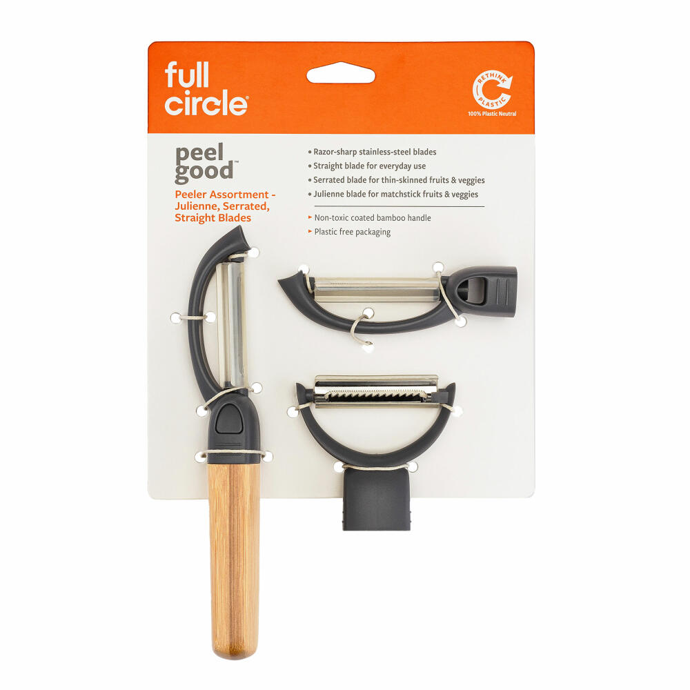 Full Circle Home 3-in-1 Schäler Peel Good, Küchenschäler mit 3 Aufsätzen, Bambus, Edelstahl, Recycling-Kunststoff, Grau, FC21703GY