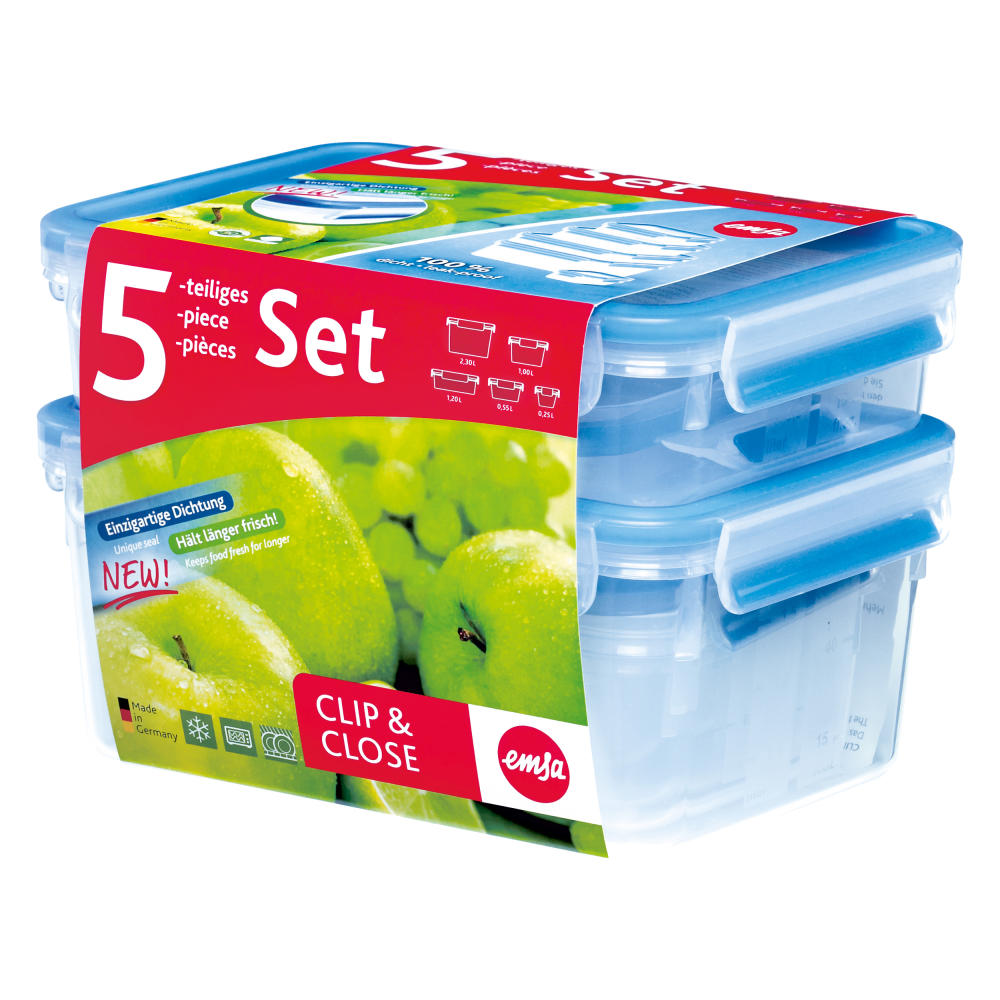 Emsa Clip & Close 5er Set Frischhaltedosen, 0.25 L, 0.55 L, 1 L, 1.20 L, 2.30 L, Brotdose, Frischhaltebox, Box, 512753