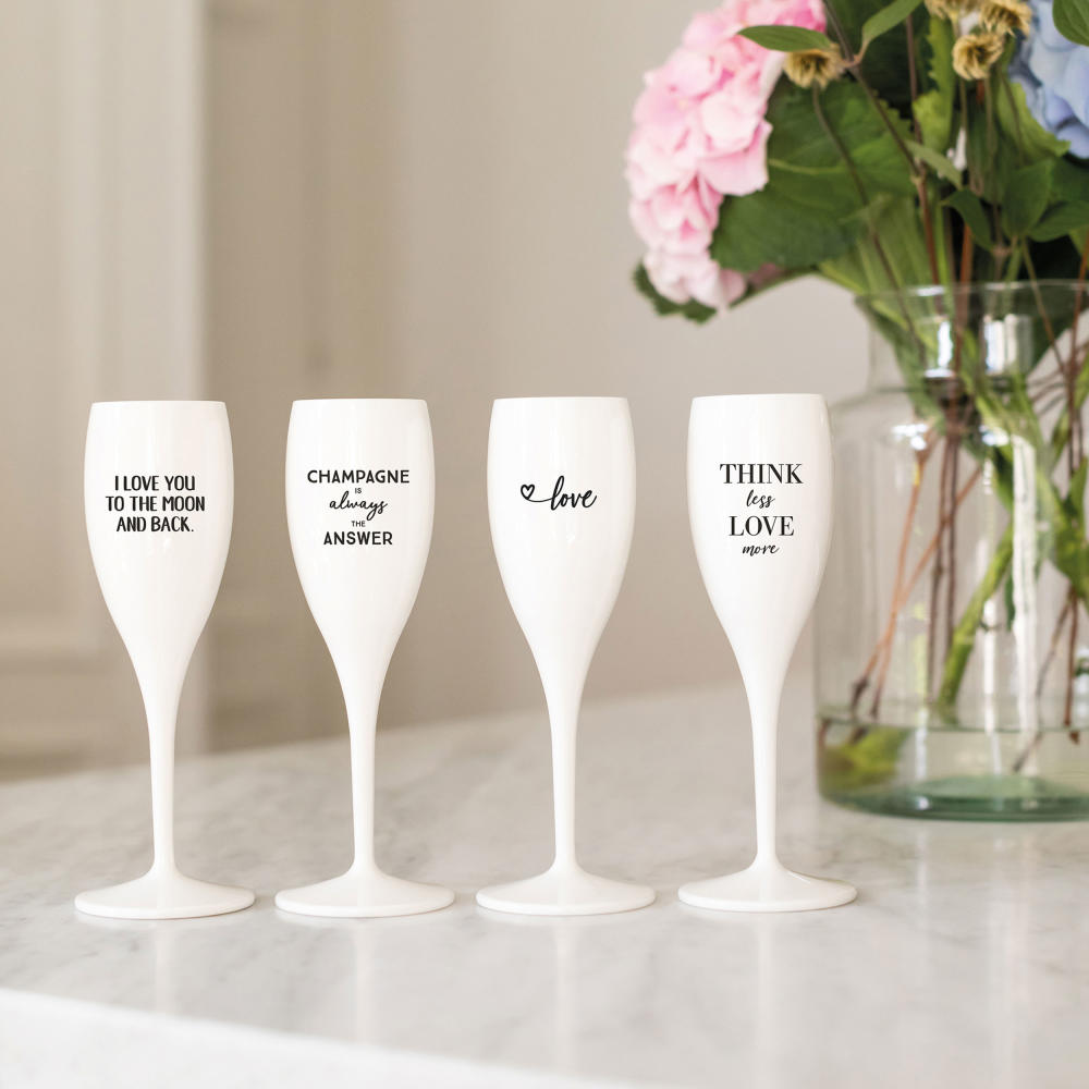 Koziol Superglas with print Cheers No. 1 Think Less Love More, sparkling wine glass, champagne glass, Superglas, Cotton White, 100 ml, 3911525