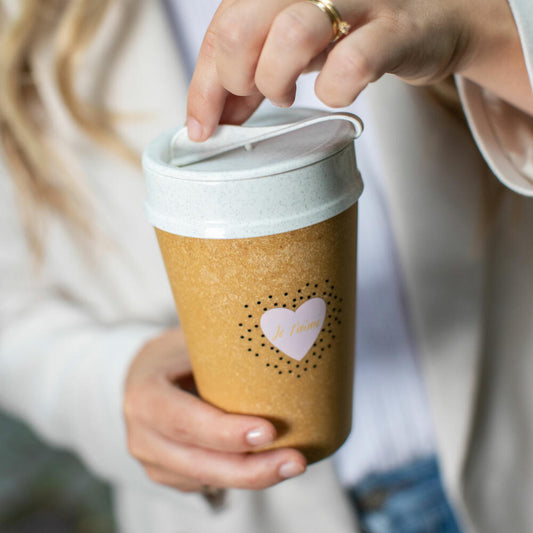 Koziol Thermobecher Iso To Go Je T Aime, Isolierbecher, Kunststoff-Holz-Mix, Nature Wood, 400 ml, 7004119