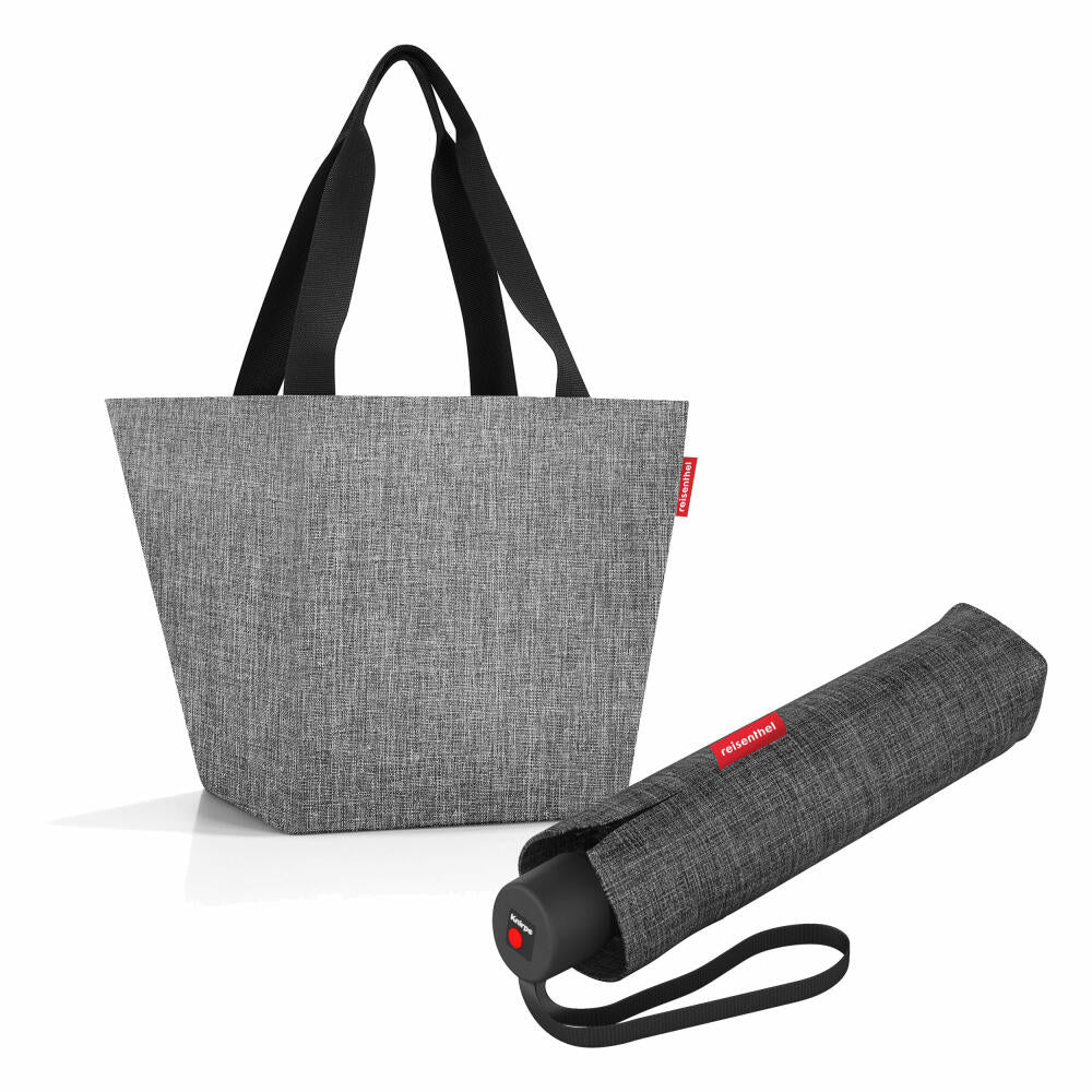 reisenthel shopper M mit umbrella pocket classic Set, Einkaufstasche, Regenschirm, Twist Silver, 15 L, 2-tlg.