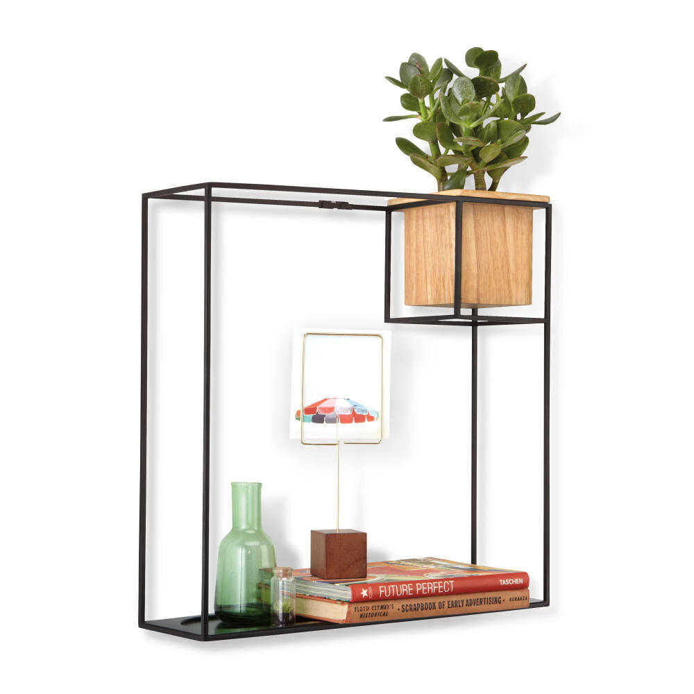 Umbra Wall Display Cubist Shelf, Bookcase, Book Holder, Bookend, Book Support, Book Holder, with Planter, Metal / Wood, Beech / Black, 470754427