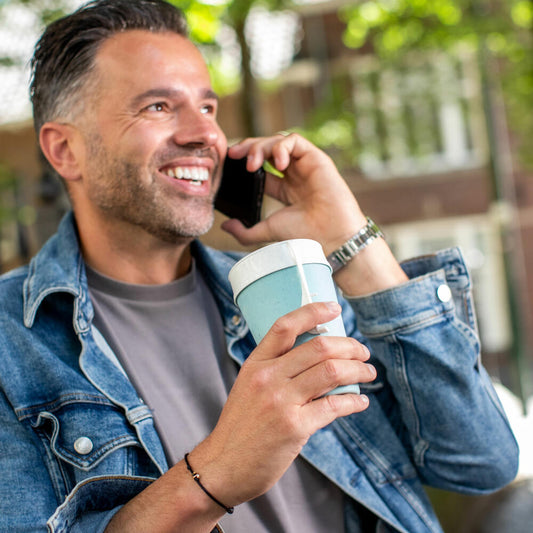 Koziol Thermo Mug Iso To Go, Insulated Mug, Plastic-Wood Mix, Frosty Blue, 400 ml, 7001696