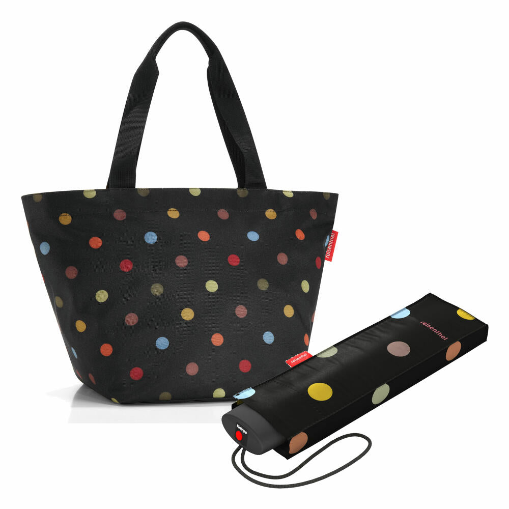 reisenthel shopper M mit umbrella pocket mini Set, Einkaufstasche, Regenschirm, Dots, 15 L, 2-tlg.