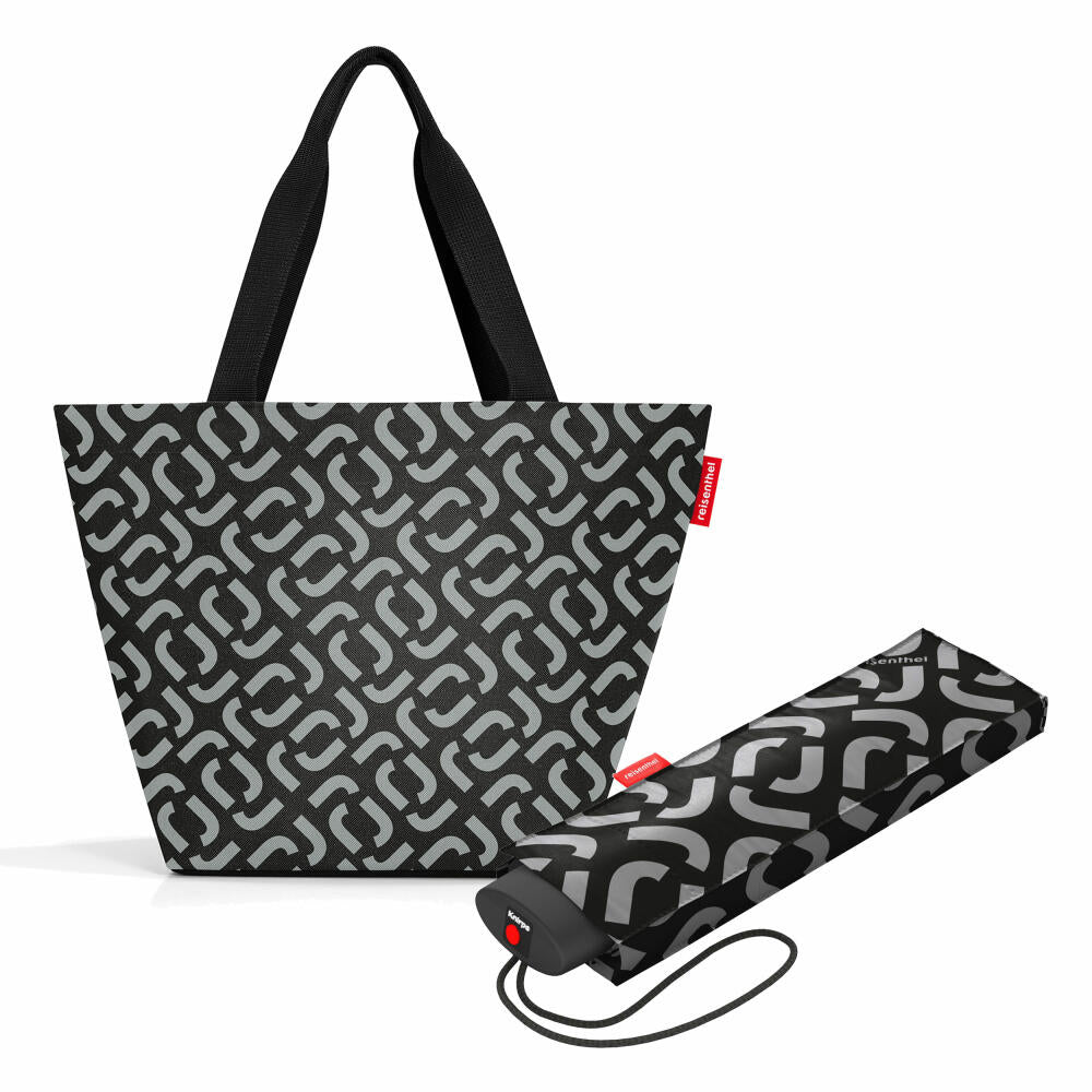 reisenthel shopper M mit umbrella pocket mini Set, Einkaufstasche, Regenschirm, Signature Black, 15 L, 2-tlg.