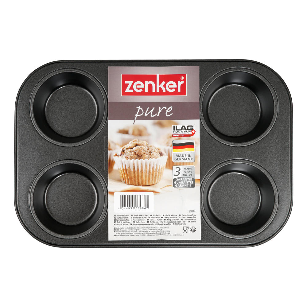 Zenker Pure muffin tray, muffin tin, muffin form, baking pan, for 6 muffins, non-stick coating with sheet steel / Ilag Special, black, L 28 cm, 3984