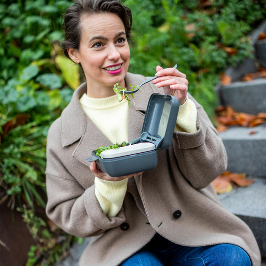 Koziol Lunchbox-Set + Besteck-Set Candy Ready, Kunststoff-Holz-Mix, Nature Ash Grey, 7272701