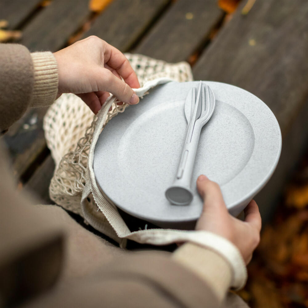 Koziol Box with Lid & Cutlery Set Connect Box Ready, Plastic-Wood Mix, Nature Desert Sand, 1.3 L, 7276700