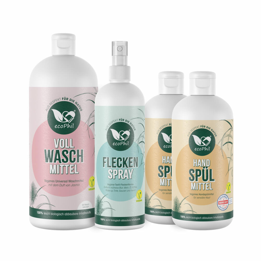 ecoPhil Home Bundle 4-tlg., Haushalts-Vorteilspack mit Vollwaschmittel, Fleckenspray, 2x Handspülmittel