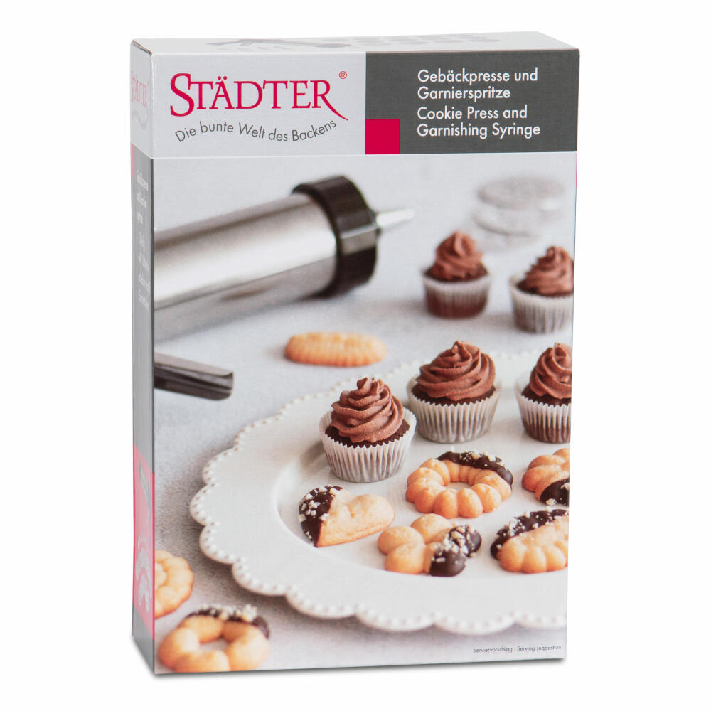 Städter Gebäckpresse für Spritzgebäck 23-tlg., mit 13 Motivscheiben, Kekspresse, Teigpresse, Backpresse, Edelstahl / Aluminium, 22 cm, 229167