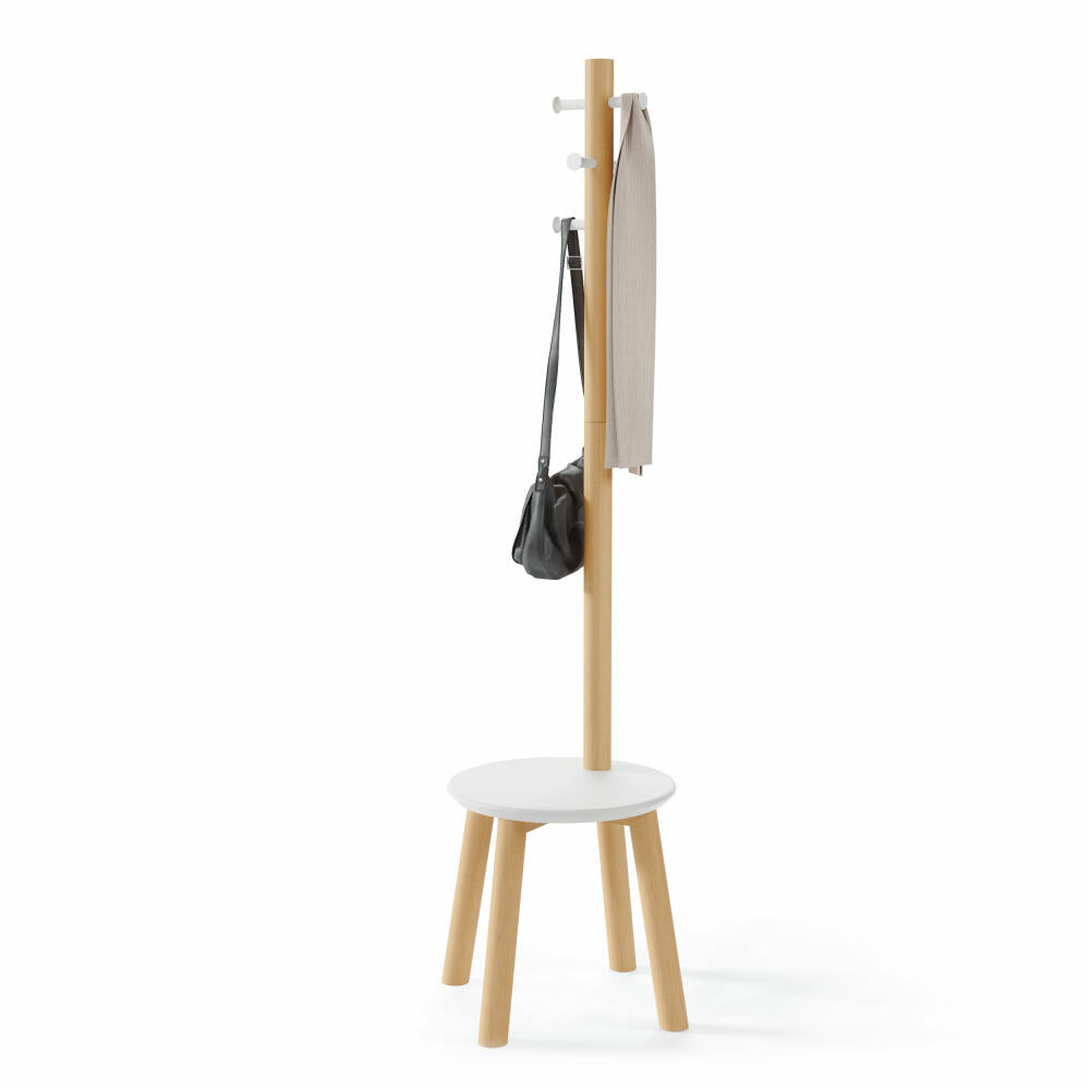 Umbra Pillar Coat Rack with Stool, Standing Coat Rack, Stool, Rubberwood, MDF, White, Natural, 50 x 167 cm, 1014257-668