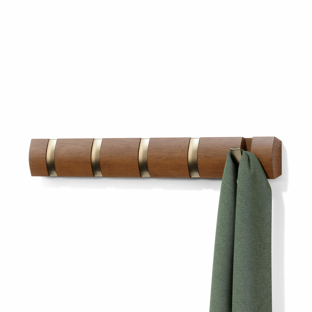 Umbra Flip Wall Coat Rack with 5 Hooks, Coat Rack, Poplar Wood, Plastic, Light Walnut, Warm Gold, 51 cm, 318850-1227