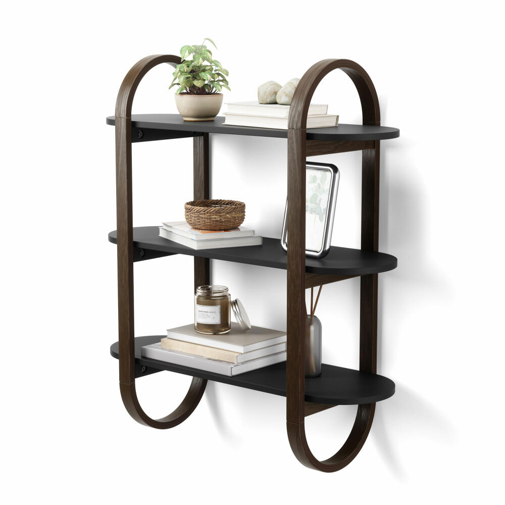Umbra Bellwood Wall Shelf, Hanging Shelf with 3 Shelves, Bentwood, Black / Walnut, 1016859-048