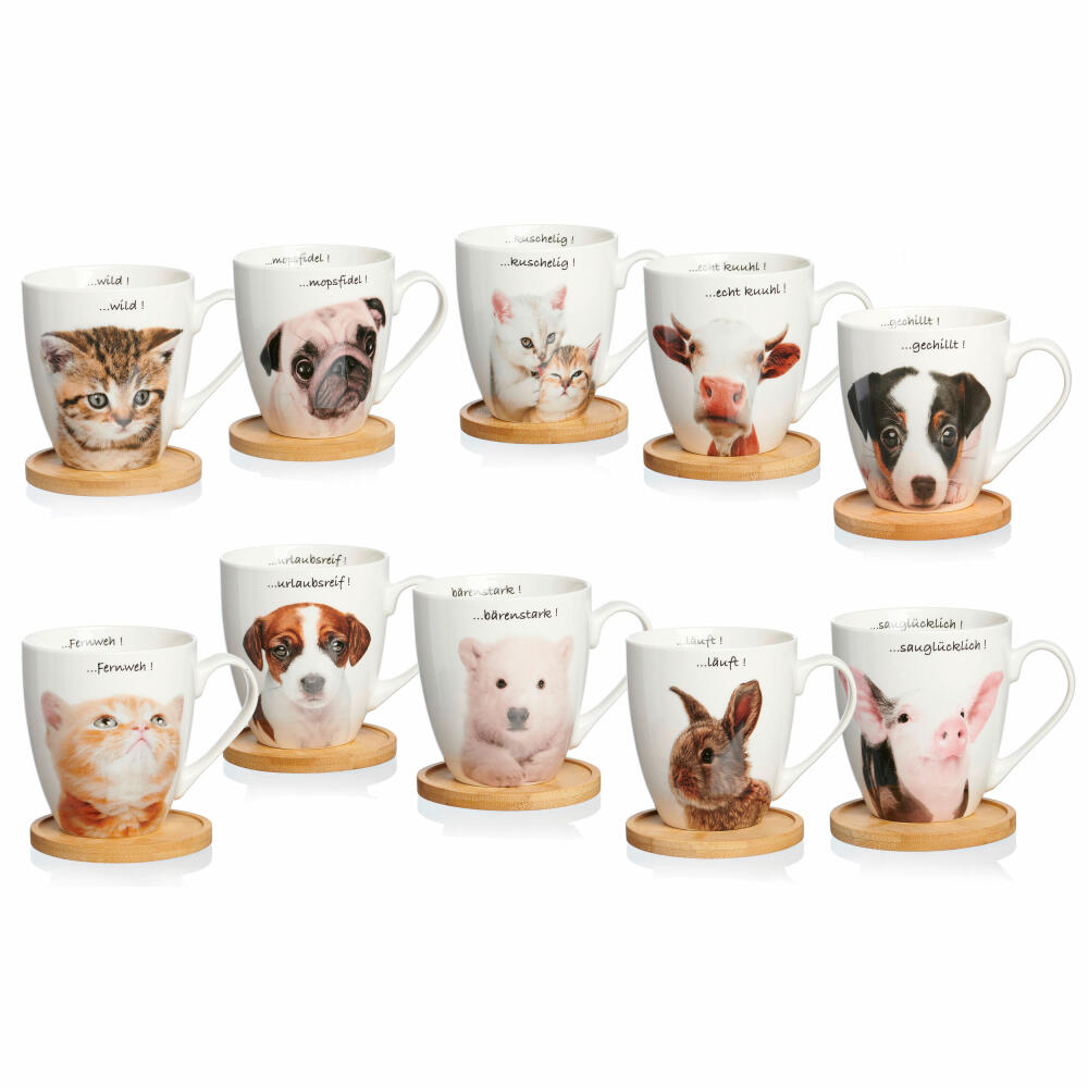 Ritzenhoff &amp; Breker Mug Tierisch Cool Mopsfidel, with coaster, coffee mug, cup, with handle, porcelain, white, 600 ml, 409468