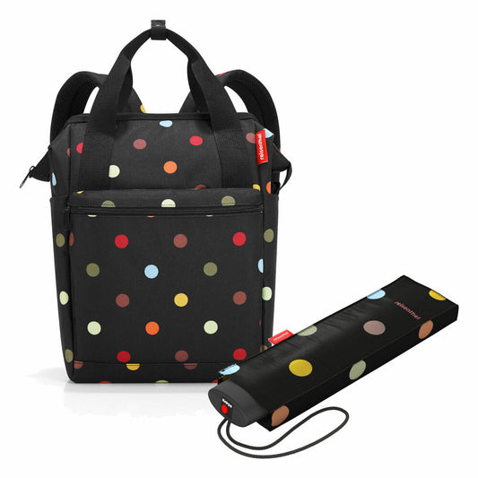 reisenthel allrounder R mit umbrella pocket mini Set, Rucksack, Regenschirm, Dots, 12 L, 2-tlg.