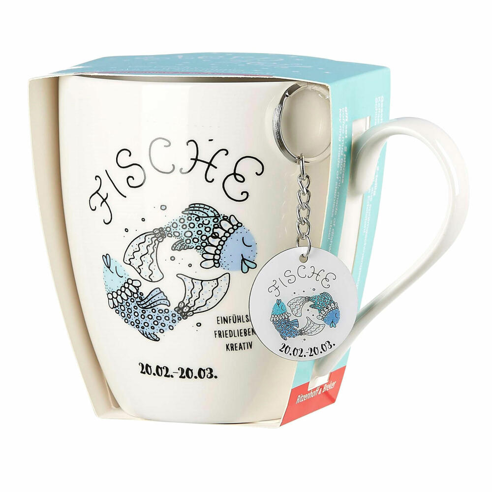 Ritzenhoff & Breker Kaffeebecher Astro Fische, Sternzeichen Tasse mit Schlüsselanhänger, Porzellan, Bunt, 650 ml, 400083