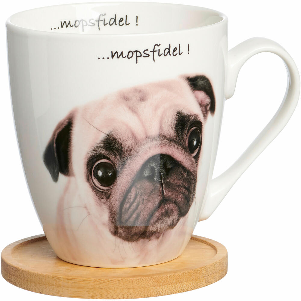 Ritzenhoff &amp; Breker Mug Tierisch Cool Mopsfidel, with coaster, coffee mug, cup, with handle, porcelain, white, 600 ml, 409468