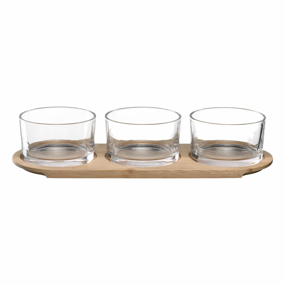 montana serving set 4-piece: prepare, wooden board with 3 glasses, wood, glass, clear, 046013