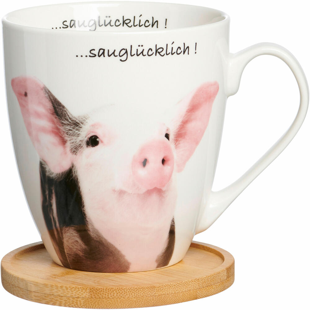 Ritzenhoff & Breker Becher Tierisch Cool Sauglücklich, mit Untersetzer, Kaffeebecher, Tasse, mit Henkel, Porzellan, Weiß, 600 ml, 409543